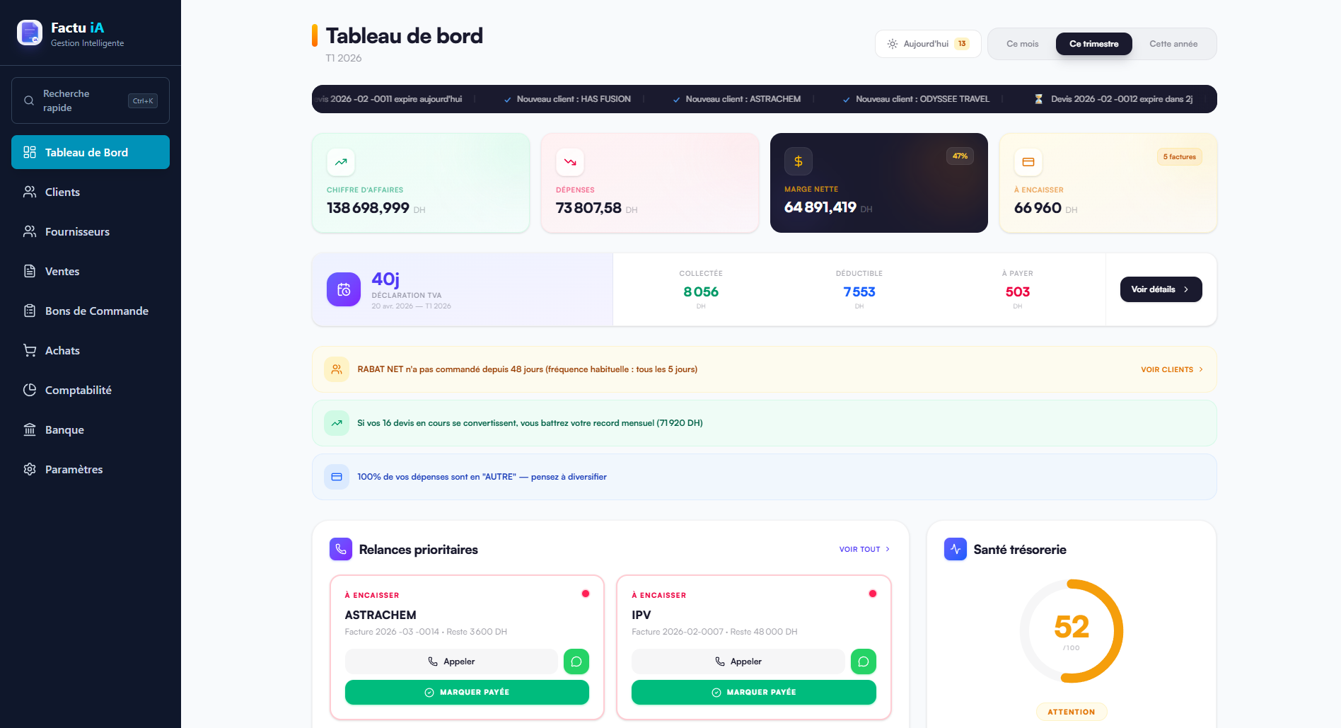 Tableau de bord Factu iA — vue réelle de l'application
